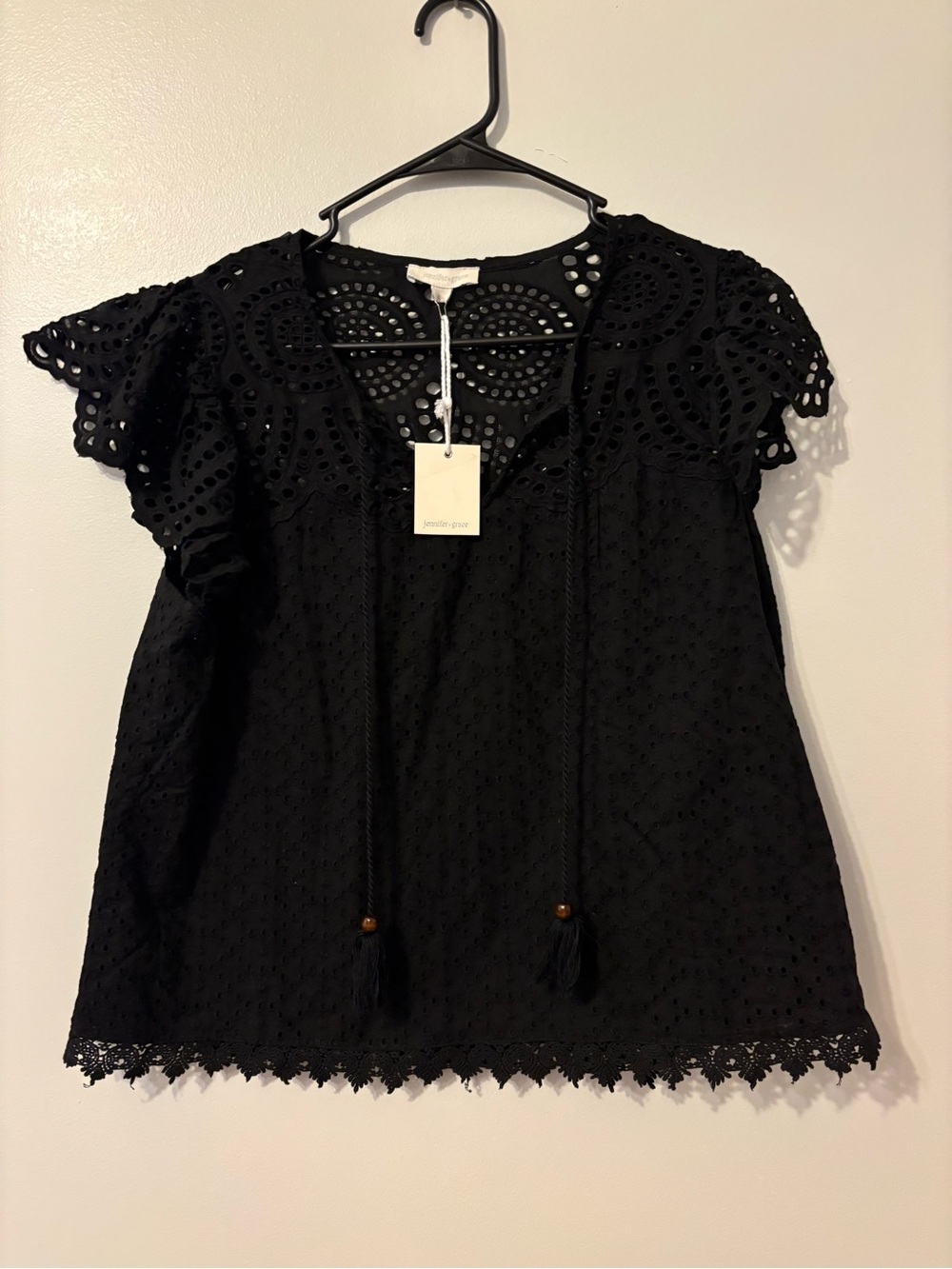 New large black eyelet cotton blouse by Jennifer & Grace